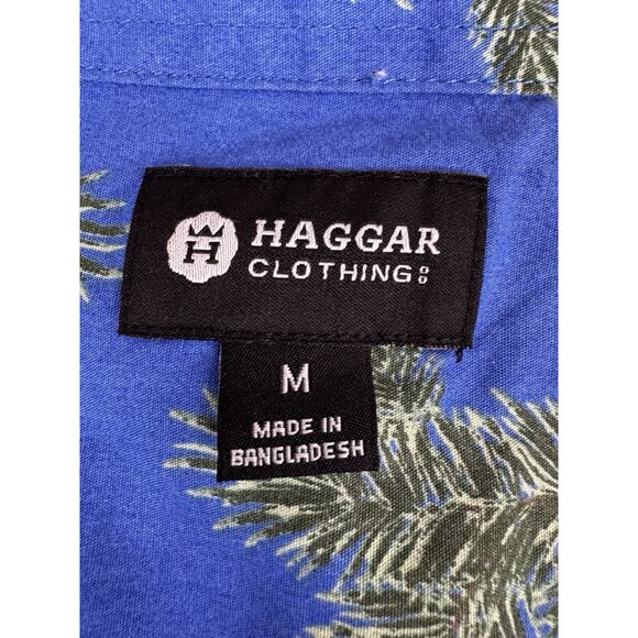 Haggar Mens M Blue Patriotic Button Up Shirt Palm Tree Holiday USA Flag Print - Picture 2 of 9